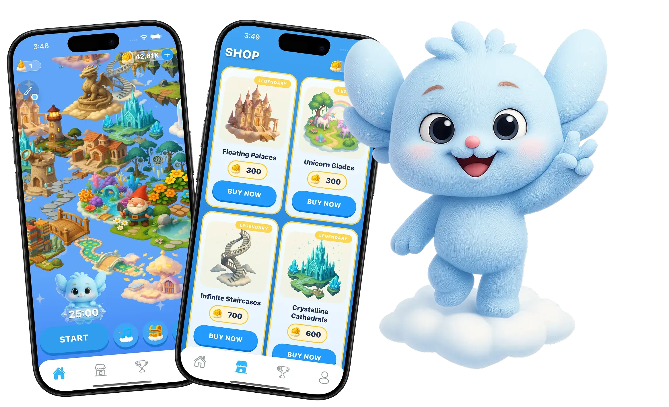 Elona focus timer app showing magical sky island with floating objects